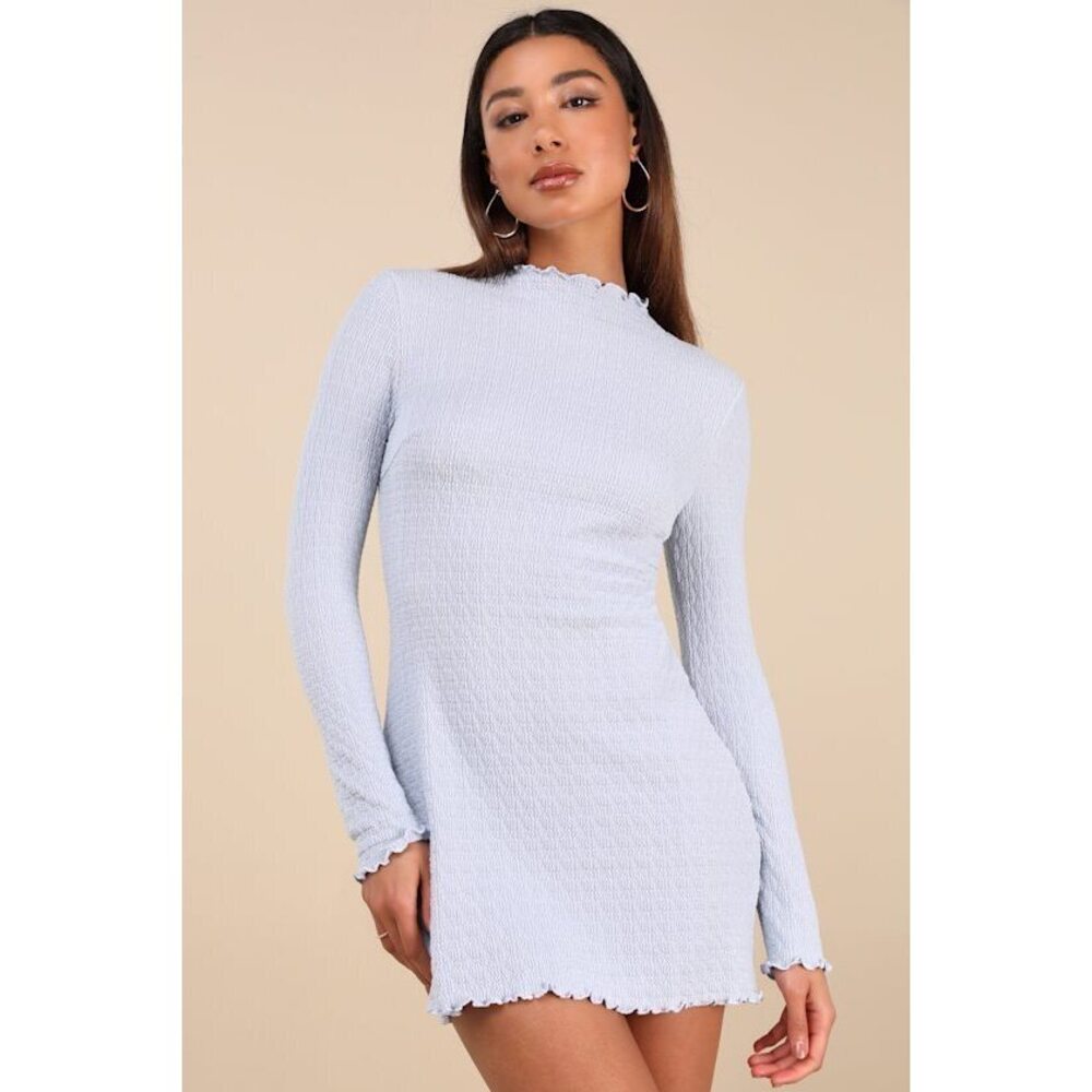 Lulus Flattering Forecast Light Blue Textured Long Sleeve Mini Dress - Size M